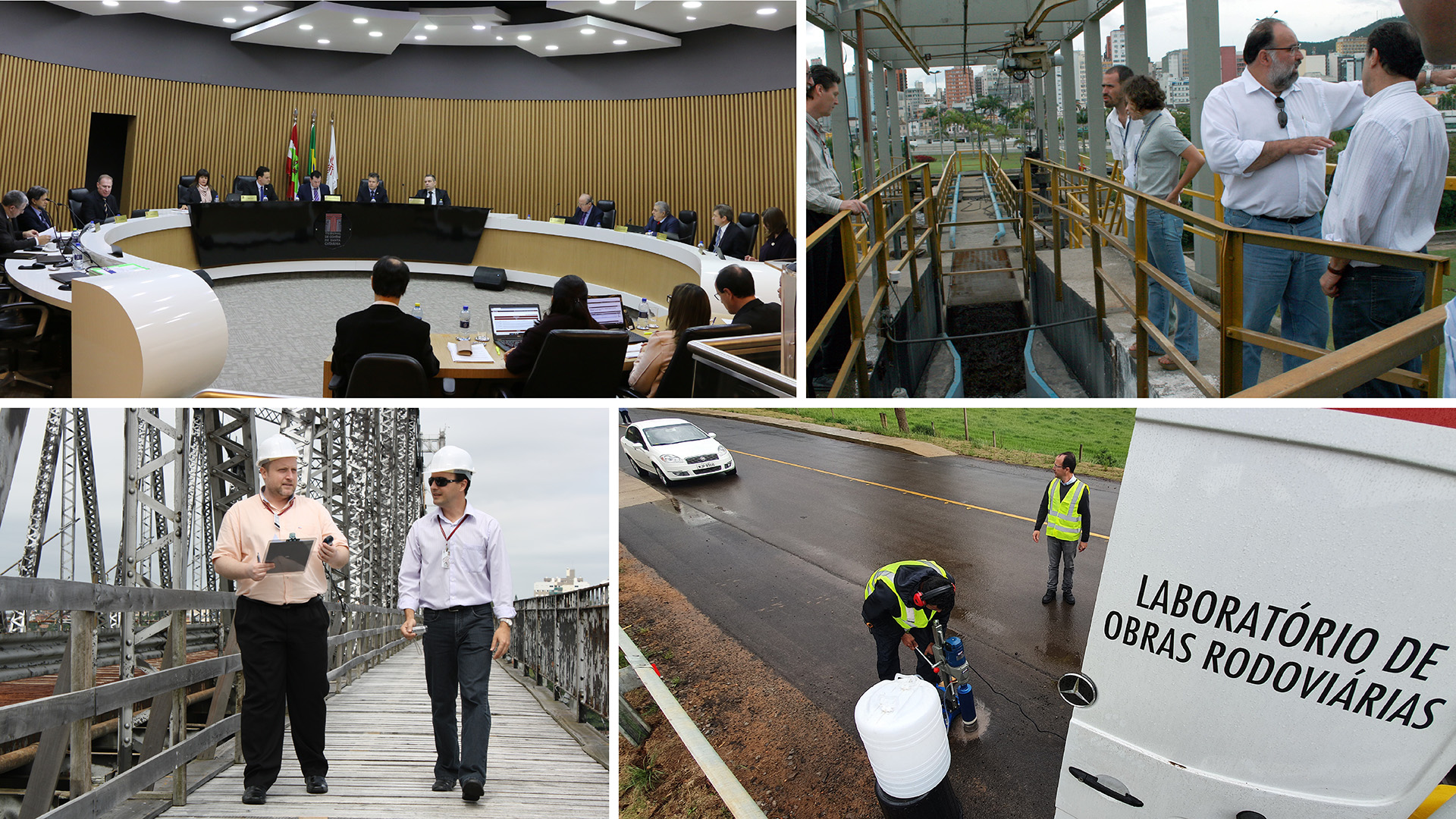 Imagem formada por quatro fotos. No alto e à esquerda, de uma sessão do Tribunal Pleno, e, à direita, de uma auditoria em sistema de esgoto. Embaixo e à esquerda, de auditoria na Ponte Hercílio Luz e, à direita, de outra auditoria em uma rodovia catarinense.